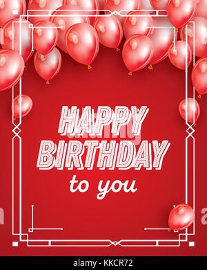 Happy Birthday Card with Red Balloons, Confetti and White Frame. Vector Illustration. Stock Vector