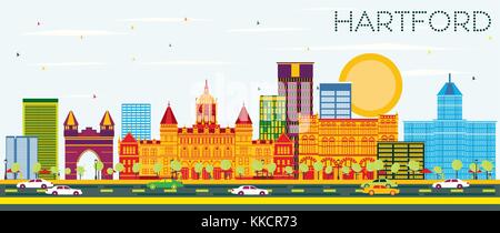 Hartford Skyline with Color Buildings and Blue Sky. Vector Illustration. Business Travel and Tourism Concept with Historic Architecture. Stock Vector