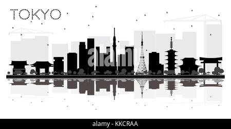 Tokyo Japan City skyline black and white silhouette with Reflections. Vector illustration. Business travel concept. Tokyo Cityscape with landmarks. Stock Vector