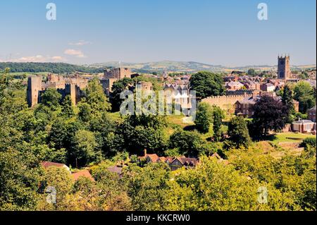 North East over the mediaeval castle and market town of Ludlow, Shropshire, England, UK Stock Photo