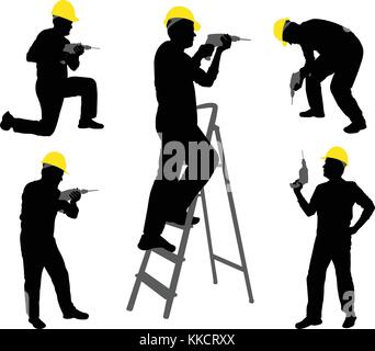 workers with drill silhouette Stock Vector