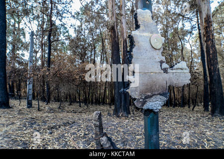 The remains of a burnt sign after the recent wildfires in Galicia Stock Photo