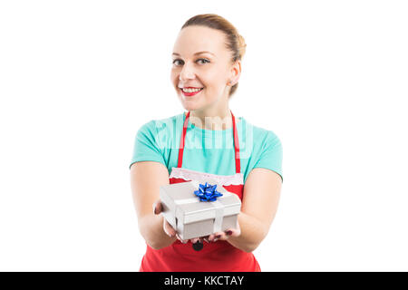 House wife offering wrapped gift box smiling happy isolated on white background Stock Photo