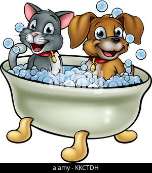 Cartoon Cat and Dog in Bath Stock Vector