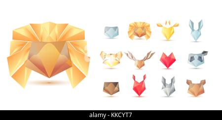 Big set of polygonal geometric multicolor animals head symbol shapes. Trendy icons and logotypes. Business signs symbols, labels, badges, frames and b Stock Vector