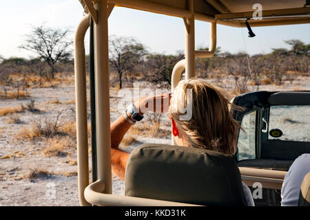 Woman on Game Drive in Onguma Game Reserve, Namibia, Africa Stock Photo