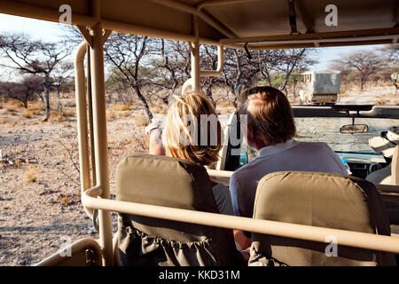 Couple on Game Drive in Onguma Game Reserve, Namibia, Africa Stock Photo