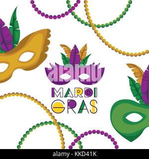 mardi gras poster with several carnival mask with colorful feathers and necklaces over white background Stock Vector