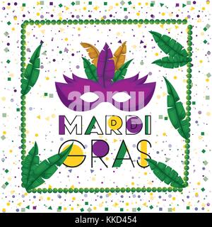 carnival mardi gras poster with green necklace frame with feathers and purple mask over colorful confetti background Stock Vector