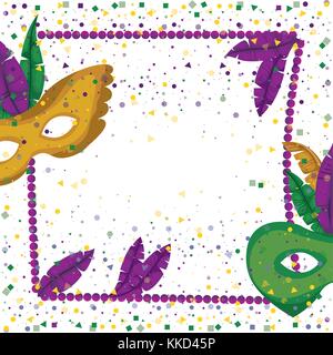 carnival mardi gras poster with purple necklace frame with feathers and mask green and yellow over colorful confetti background Stock Vector