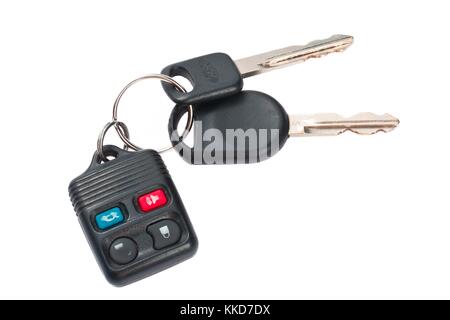 close up shot of plastic remote control car keys on white Stock Photo