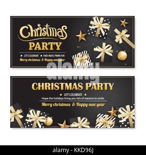 Invitation merry christmas party poster banner and card design template on black background. Happy holiday and new year with gift boxes theme concept. Stock Vector