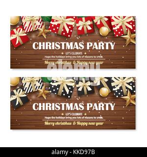 Greeting card merry christmas party poster banner design template on wooden background. Happy holiday and new year with gift box theme concept. Stock Vector