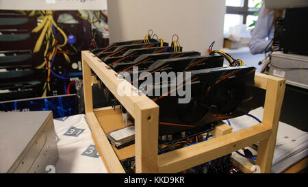 Home mining farm for bitcoin and cryptocurrency money. GPU Video Graphics Card mining. Home bitcoin farm. Large number of cards for the cultivation of Stock Photo