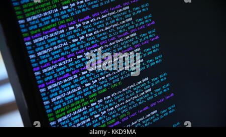 Screen with crypto code, green digitals. Bitcoin on computer screen with code bitcoin mining. Stock Photo
