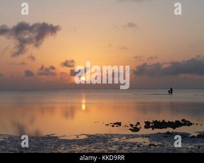 A distant lone figure gathers seaweed at dawn when the tide is out in Jambiani on the Island of Zanzibar Stock Photo