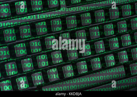 Black Qwerty keyboard + green Binary 0's & 1's surface projected. Cybercrime, darkweb, data encryption, world password day, cyber threat, hacking. Stock Photo
