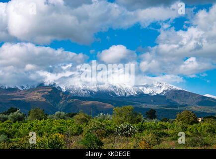 First winter snow has fallen on the top of vulcano Etna. Captured in november 2017 Stock Photo