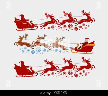 Santa Claus rides in sleigh pulled by reindeer. Christmas, xmas concept. Silhouette vector illustration Stock Vector