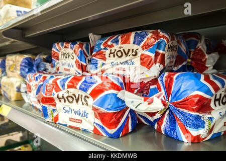 Loaves of Hovis Soft White bread wrapped in Union Flag Union Jack colours. Stock Photo