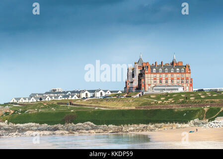 Headland Hotel Newquay - The iconic Headland Hotel overlooking Fistral Beach in Newquay Cornwall UK. Stock Photo