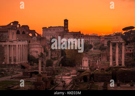 Rome and Roman Forum in Autumn (Fall) on a sunrise with beautiful stunning sky and sunrise colors Stock Photo