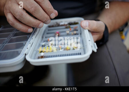 Fisherman selecting a hand tied freshwater fishing fly from a small plastic box held in his hand in a close up view Stock Photo