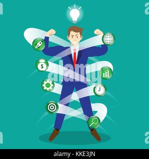 Business Concept As Full-Energy Muscular Businessman Is Surrounded By Business Icons With Light Bulb Above Means New Idea Strengthens Self Performance Stock Vector