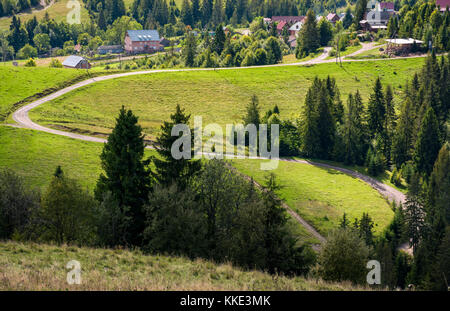 winding road to village through grassy hillside with spruce forest. lovely early autumn countryside landscape Stock Photo