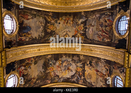 Baroque & highly decorated vaulted ceiling depicting life of St. John, painted by Mattia Preti, interior inside St John's Co-Cathedral. Valletta Malta Stock Photo
