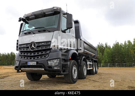 HYVINKAA, FINLAND - SEPTEMBER 8, 2017: Mercedes-Benz Arocs 3745 4 axle tipper truck on display on Maxpo 2017. Stock Photo