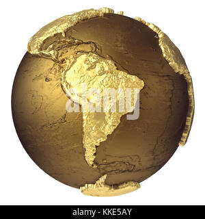 Golden globe model without water. South America. 3d rendering isolated on white background. Elements of this image furnished by NASA Stock Photo