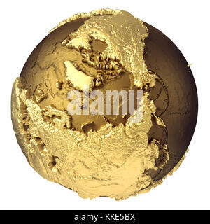 Golden globe model without water. North Pole. 3d rendering isolated on white background. Elements of this image furnished by NASA Stock Photo