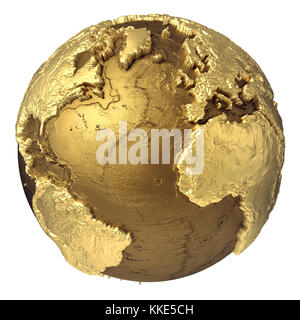 Golden globe model without water. Atlantic Ocean, Europe, Africa, North and South America. 3d rendering isolated on white background. Elements of this Stock Photo