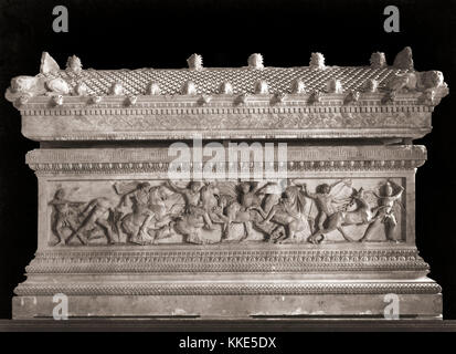 The Alexander Sarcophagus which dates from the 4th century BC.  The sarcophagus, which which was discovered in Sidon, Lebanon, is made from Pentelic marble, and is adorned with bas-relief carvings of Alexander the Great in battle on one side and hunting on another.  It is one of the most prized and most visited possessions of the Istanbul Archeology Museum. Stock Photo