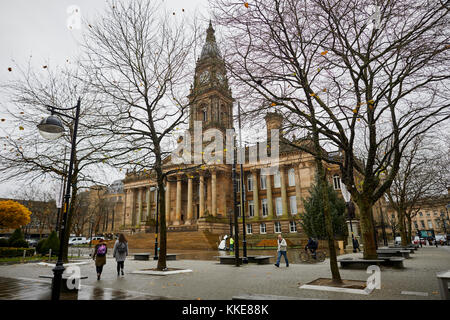 Rain at Bolton Town Hall Victoria Square a grade II* listed building  neoclassical style in the form of a temple and tall baroque-style clocktower Stock Photo