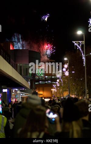 Fireworks over Hemel Town Centre at Christmas Lights switch on event 2017, Hertfordshire, UK Stock Photo