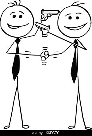 Cartoon stick man drawing illustration of two men politicians businessmen smiling and shaking their hands and pointing guns at each other in same time Stock Vector