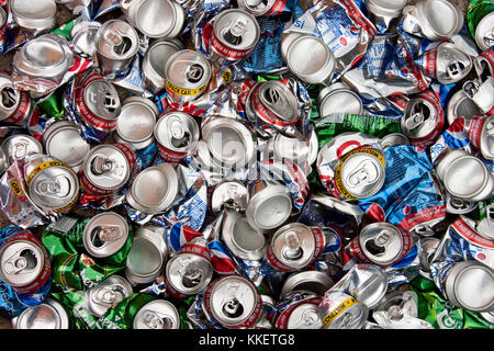 Large number of aluminium drinks cans for recycling. Stock Photo