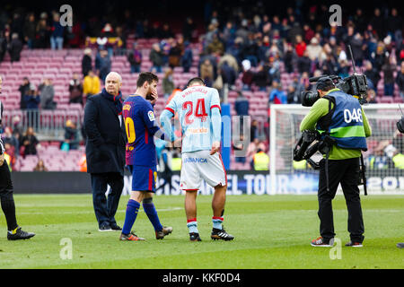 Barcelona, Spain. 02nd Dec, 2017. (10) Messi (delantero) and (24) F.Roncaglia speaking at the end of the match of the La Liga between FC Barcelona and RC Celta at Camp Nou. The match ended in a draw 2-2. Credit: Joan Gosa Badia/Alamy Live News Stock Photo