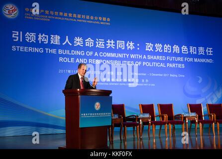 Beijing, China. 2nd Dec, 2017. Former Italian Prime Minister Romano Prodi speaks at the panel discussion themed 'Steering the Building of a Community with a Shared Future for Mankind: Role and Responsibilities of Political Parties' during the Communist Party of China (CPC) in Dialogue with World Political Parties High-Level Meeting in Beijing, capital of China, Dec. 2, 2017. Credit: Chen Yehua/Xinhua/Alamy Live News Stock Photo