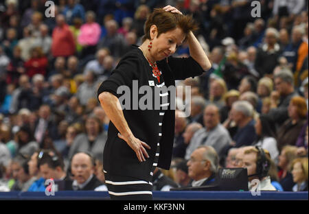 Hartford, CT, USA. 3rd Dec, 2017. Head Coach Muffet McGraw of Notre Dame reacts to a call during a game against the Uconn Huskies at the XL Center in Hartford, CT. Gregory Vasil/CSM/Alamy Live News Stock Photo