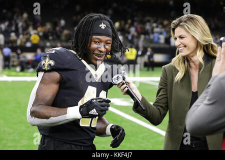 FOX Sports reporter Erin Andrews interviews Tampa Bay Buccaneers linebacker  Devin White (45) after an NFL