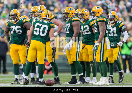 December 3, 2017: Green Bay Packer defense during the NFL Football game between the Tampa Bay Buccaneers and the Green Bay Packers at Lambeau Field in Green Bay, WI. Packers defeated the Buccaneers in overtime 26-20. John Fisher/CSM Stock Photo