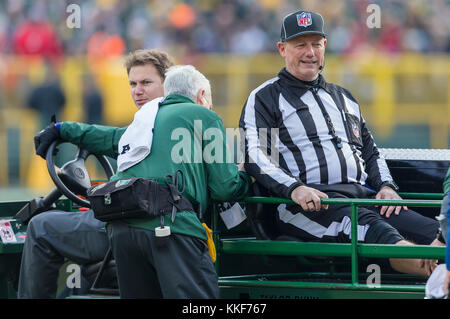 December 3, 2017: An official gets carted off the field with an injury during the NFL Football game between the Tampa Bay Buccaneers and the Green Bay Packers at Lambeau Field in Green Bay, WI. Packers defeated the Buccaneers in overtime 26-20. John Fisher/CSM Stock Photo