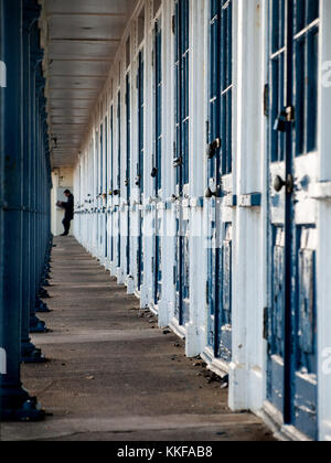 Weymouth, Victorian beach huts. Man reading a paper. Stock Photo