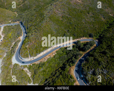 Aerial view of winding roads of the French coast. Cap Corse Peninsula, Corsica. Coastline. France Stock Photo