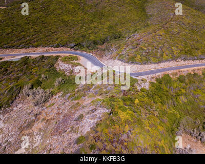 Aerial view of winding roads of the French coast. Cap Corse Peninsula, Corsica. Coastline. France Stock Photo