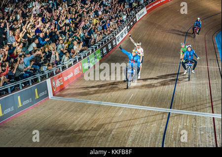 Sir Bradley Wiggins (former Sky rider) at the Lee Valley Velodrome,  London celebrating his win in the Derny race at the Six-Day Racing Olympic velodrome. Olympian Wiggins Stock Photo