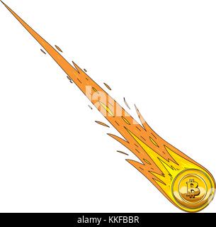 A cartoon bitcoin coin as a shooting star burning on fire as it falls back to earth. Stock Vector